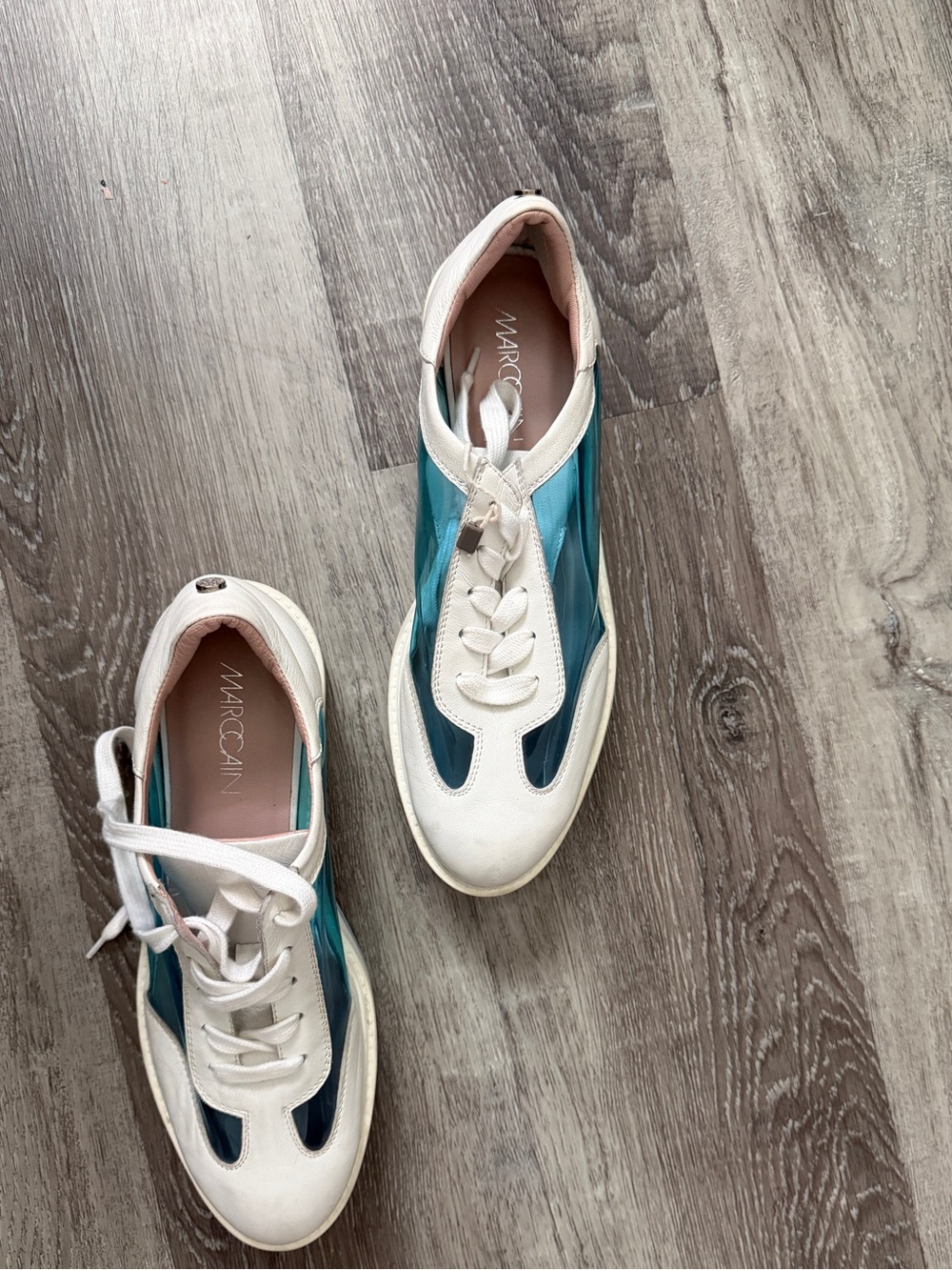 Marc Cain White and Teal Sporty Leather Sneakers